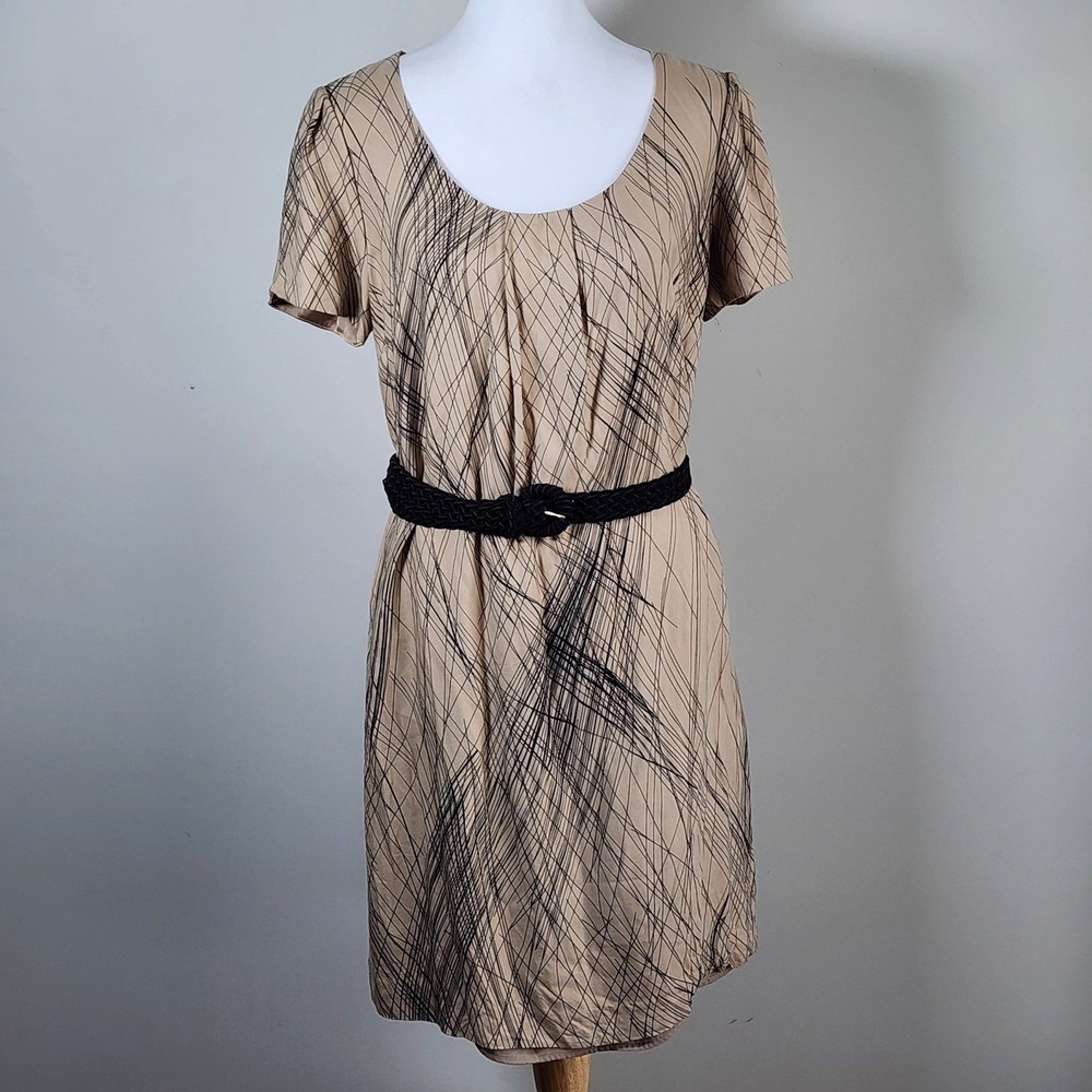 Marks & Spencer Autograph Dress Womens 8 Tan Abstract Silk Blend Belt Shift UK12